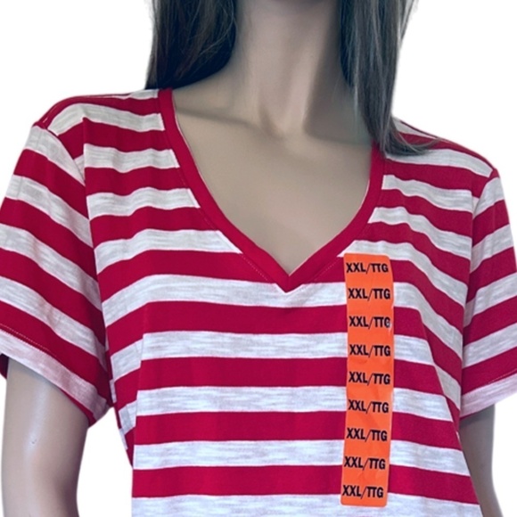 Nicole Miller Stripe Tee t-shirt Tank Top Red V-Neck Short Sleeve Hi Low NWOT - Picture 11 of 15